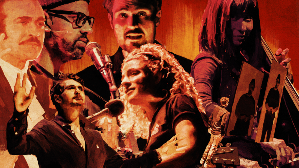 An amalgamation of images of the performers in the show; a woman playing the cello, a woman wearimg headphones and speaking into a recording microphone, a man with his arms spread wide and looking off into the distances, a man dressed in 70s era clothing with a mustache, a bearded man beside him wearing a beanie and glasses while speaking into a microphone, and a man at the centre of the image, looking straight at the viewer. The image is washed in orange, yellow, and brown tones.